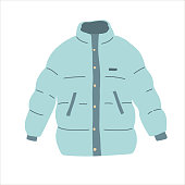 Blue winter zipped down jacket isolated vector on the white background. padded jacket with buttons. Blue hand drawing flat