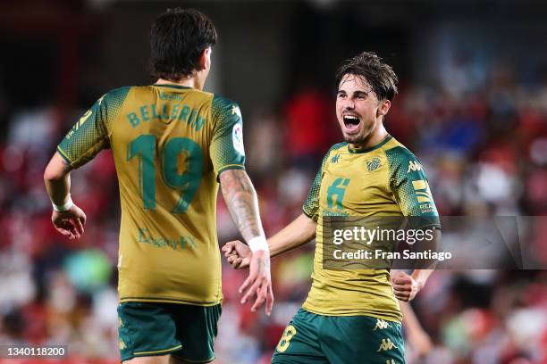 Rodri Sanchez of Real Betis celebrates after scoring their team's first goal during the LaLiga Santander match between Granada CF and Real Betis at...