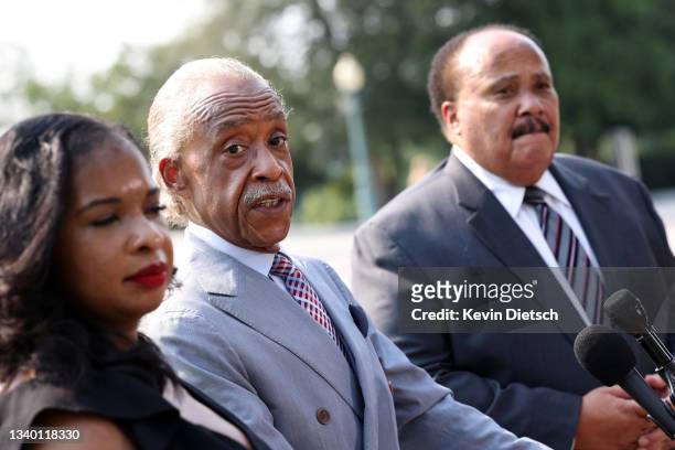 Cilvil rights leaders Rev. Al Sharpton speaks alongside Andrea Waters King and Martin Luther King III at a press conference on voting rights outside...