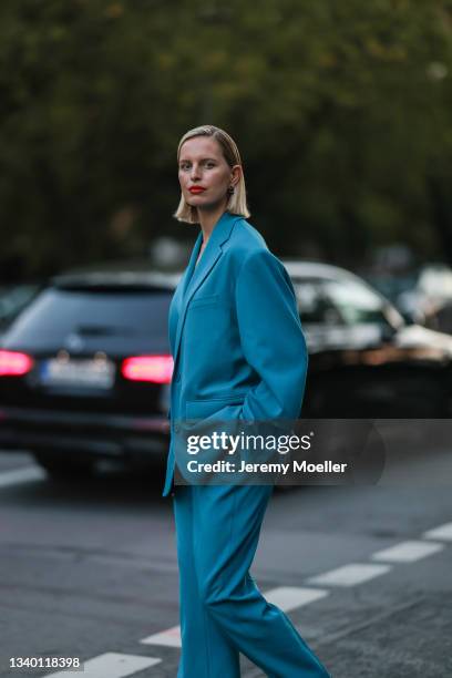 Karolina Kurkova wearing a blue two piece on September 11, 2021 in Berlin, Germany.