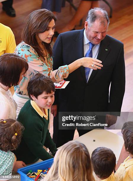 Princess Mary of Denmark and Melbourne Lord Mayor Robert Doyle visit the Lego competition 'Build the Change' at ART Play on November 24, 2011 in...