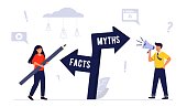 Myths and facts Information accuracy in flat tiny persons concept Businessman and directional sign of facts versus myths Verify rumors scene Fake news versus trust and honest data source