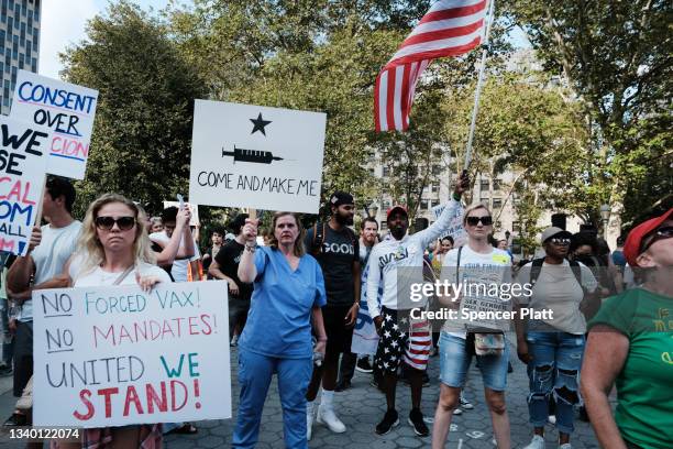 People participate in a rally and march against COVID-19 mandates on September 13, 2021 in New York City. President Joe Biden has supported and...