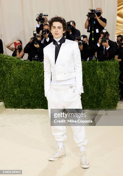 Co-chair Timothée Chalamet attends The 2021 Met Gala Celebrating In America: A Lexicon Of Fashion at Metropolitan Museum of Art on September 13, 2021...