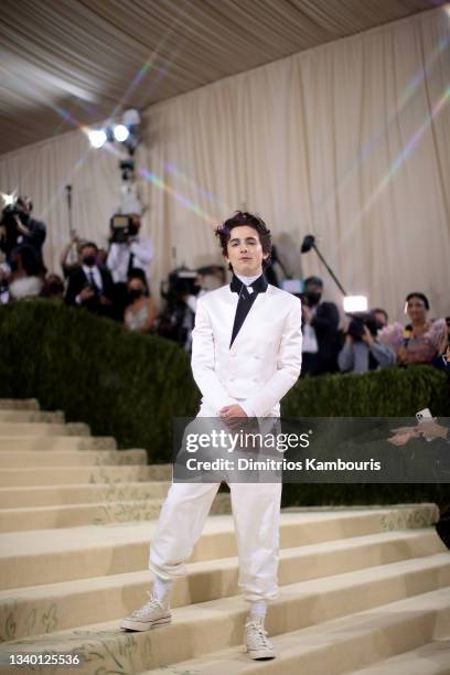 Timothée Chalamet attends The 2021 Met Gala Celebrating In America: A Lexicon Of Fashion at Metropolitan Museum of Art on September 13, 2021 in New...