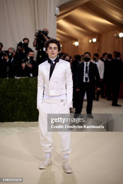 Timothée Chalamet attends The 2021 Met Gala Celebrating In America: A Lexicon Of Fashion at Metropolitan Museum of Art on September 13, 2021 in New...