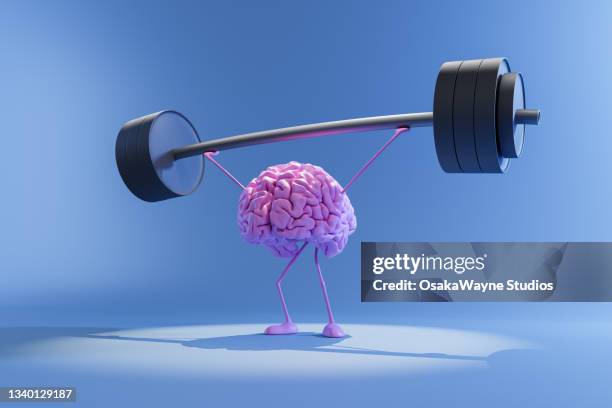 human brain lifting heavy barbell, mental health - brains foto e immagini stock