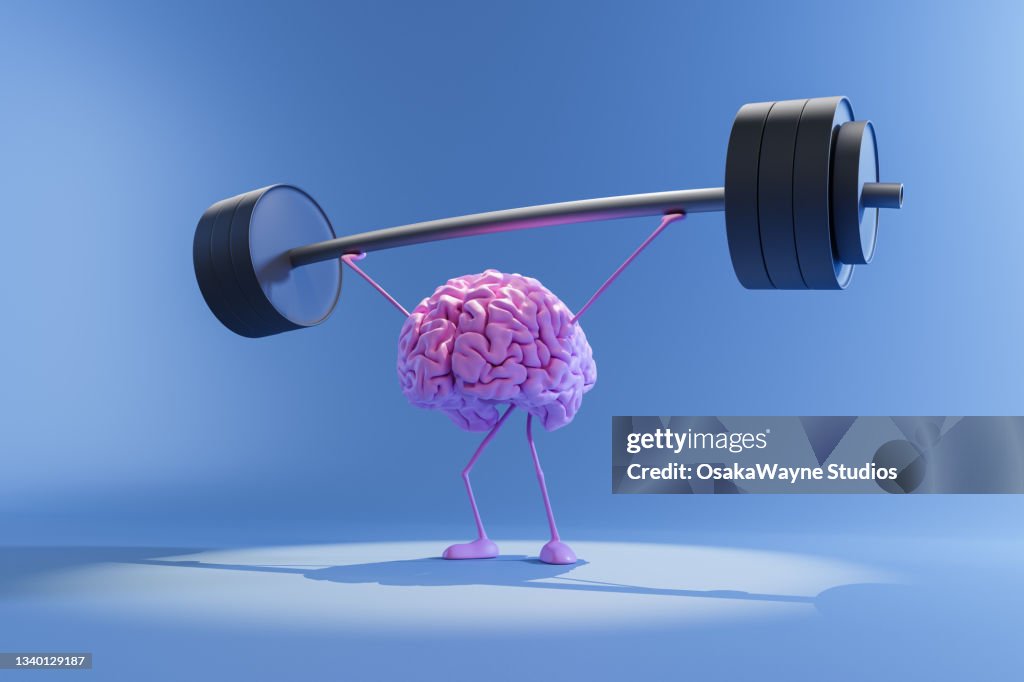 Human brain lifting heavy barbell, mental health