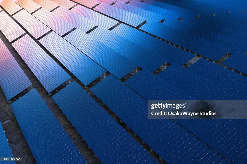 Rows of solar panels, using of renewable resources