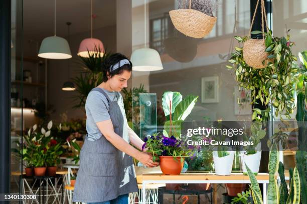 florist working in her flower shop - flower shop window stock pictures, royalty-free photos & images