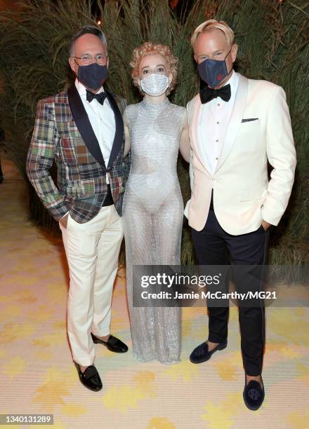 Andrew Saffir, Julia Garner and Daniel Benedict attend the The 2021 Met Gala Celebrating In America: A Lexicon Of Fashion at Metropolitan Museum of...