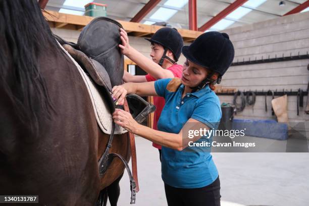 mother and son putting the saddle on a horse before riding. - enable horse stock-fotos und bilder