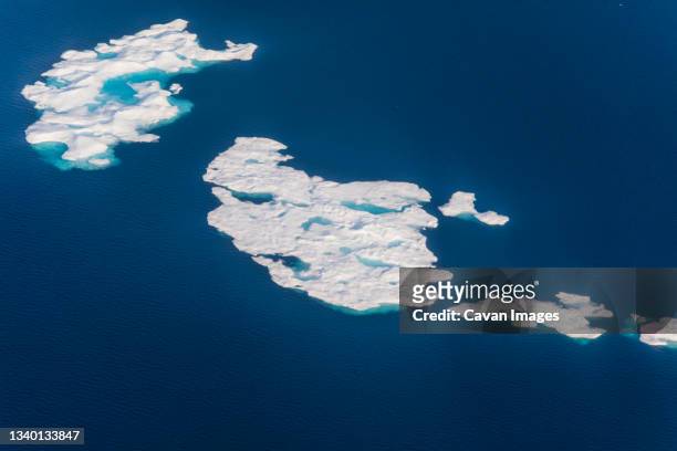 aerial view of melting icebergs in the arctic ocean, canada. - arctic ocean foto e immagini stock