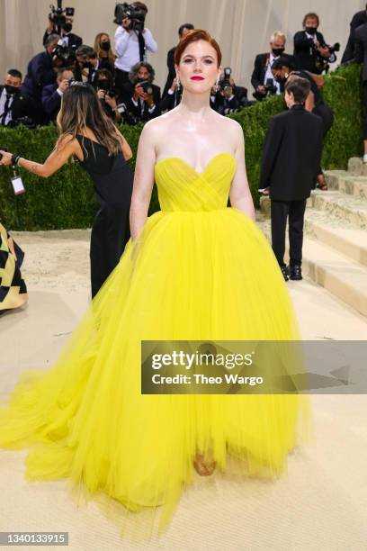 Rose Leslie attends The 2021 Met Gala Celebrating In America: A Lexicon Of Fashion at Metropolitan Museum of Art on September 13, 2021 in New York...