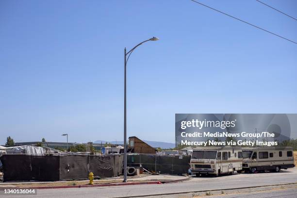 An encampment on vacant land owned by Apple along Component Drive is photographed in San Jose, Calif., on Thursday, Aug. 5, 2021.
