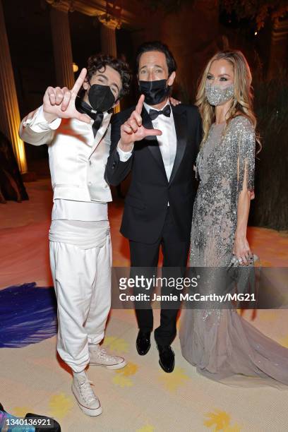 Timothée Chalamet, Adrien Brody and Georgina Chapman attend the The 2021 Met Gala Celebrating In America: A Lexicon Of Fashion at Metropolitan Museum...