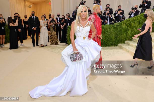 Donatella Versace attends The 2021 Met Gala Celebrating In America: A Lexicon Of Fashion at Metropolitan Museum of Art on September 13, 2021 in New...