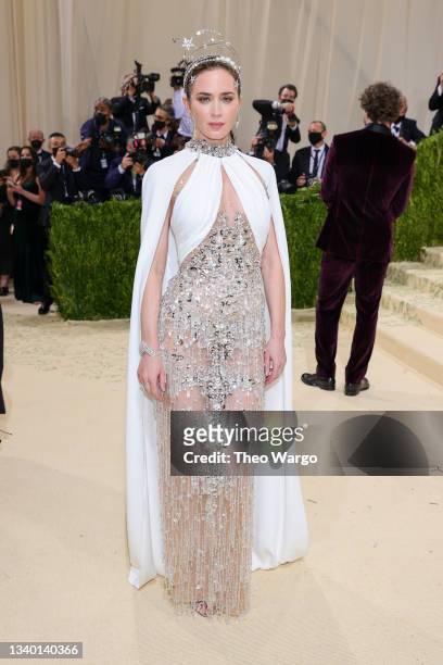 Emily Blunt attends The 2021 Met Gala Celebrating In America: A Lexicon Of Fashion at Metropolitan Museum of Art on September 13, 2021 in New York...