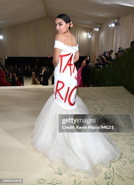 Alexandria Ocasio-Cortez attends The 2021 Met Gala Celebrating In America: A Lexicon Of Fashion at Metropolitan Museum of Art on September 13, 2021...