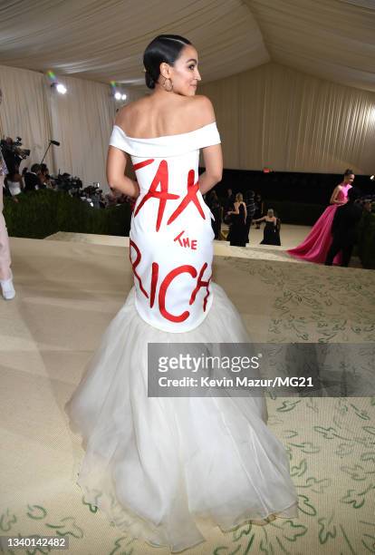 Alexandria Ocasio-Cortez attends The 2021 Met Gala Celebrating In America: A Lexicon Of Fashion at Metropolitan Museum of Art on September 13, 2021...