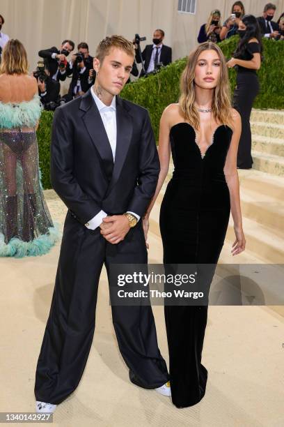 Justin Bieber and Hailey Bieber attend The 2021 Met Gala Celebrating In America: A Lexicon Of Fashion at Metropolitan Museum of Art on September 13,...