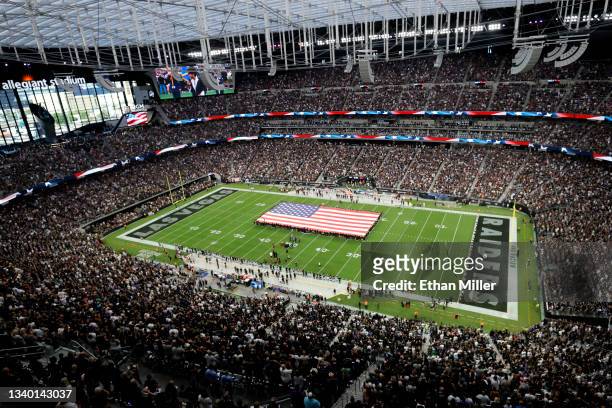 General view inside Allegiant Stadium during the national anthem ahead of the game between the Baltimore Ravens and the Las Vegas Raiders on...
