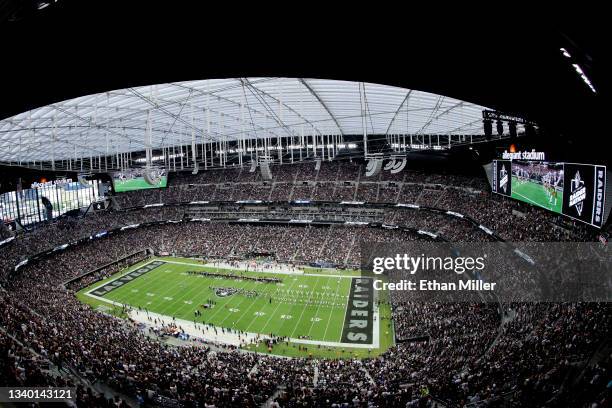 General view inside of Allegiant Stadium during player introductions ahead of the game between the Baltimore Ravens and the Las Vegas Raiders on...