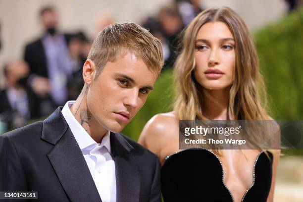 Justin Bieber and Hailey Bieber attend The 2021 Met Gala Celebrating In America: A Lexicon Of Fashion at Metropolitan Museum of Art on September 13,...