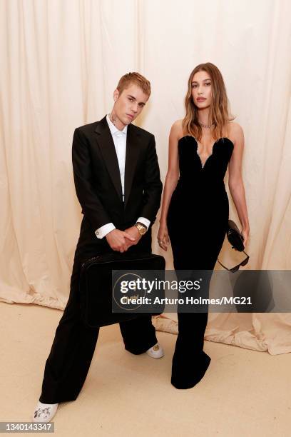 Justin Bieber and Hailey Bieber attend The 2021 Met Gala Celebrating In America: A Lexicon Of Fashion at Metropolitan Museum of Art on September 13,...