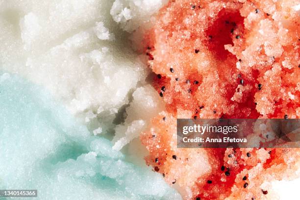 set of textured smears of blue, white and red scrubs. concept of body care and beauty. macrophotography in flat lay style - sorbetto foto e immagini stock