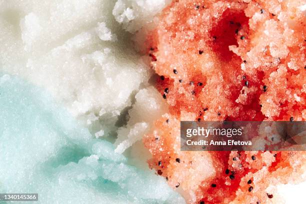 set of textured smears of blue, white and red scrubs. concept of body care and beauty. macrophotography in flat lay style - sorbetto stockfoto's en -beelden