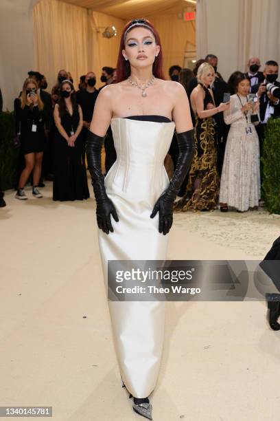 Gigi Hadid attends The 2021 Met Gala Celebrating In America: A Lexicon Of Fashion at Metropolitan Museum of Art on September 13, 2021 in New York...
