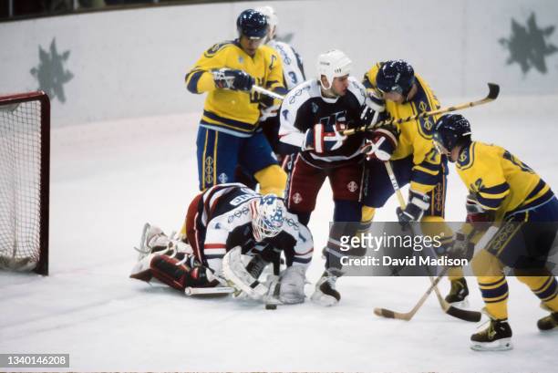 Goalie Ray LeBlanc grabs the puck during a first round match against Sweden in the Ice Hockey tournament of the 1992 Winter Olympic Games on February...