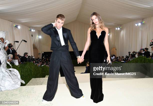 Justin Bieber and Hailey Bieber attend The 2021 Met Gala Celebrating In America: A Lexicon Of Fashion at Metropolitan Museum of Art on September 13,...