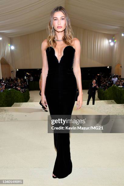 Hailey Bieber attends The 2021 Met Gala Celebrating In America: A Lexicon Of Fashion at Metropolitan Museum of Art on September 13, 2021 in New York...