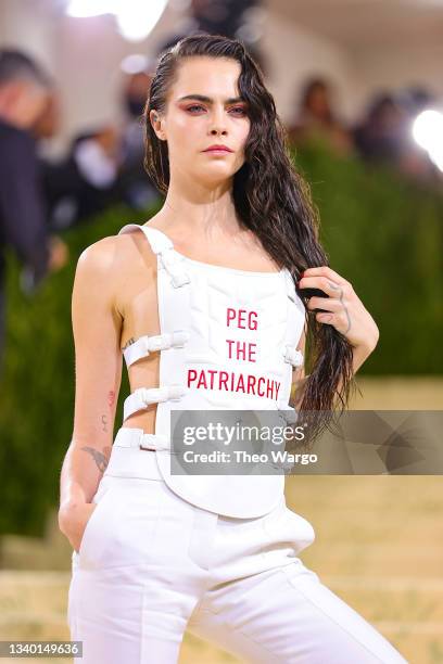 Cara Delevingne attends The 2021 Met Gala Celebrating In America: A Lexicon Of Fashion at Metropolitan Museum of Art on September 13, 2021 in New...