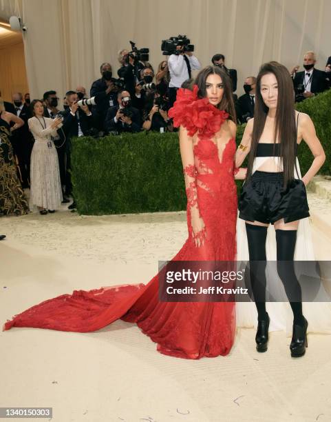 Emily Ratajkowski and designer Vera Wang attend The 2021 Met Gala Celebrating In America: A Lexicon Of Fashion at Metropolitan Museum of Art on...