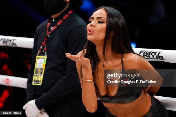 General view of a ring girl blowing a kiss to the camera after the fight between Andy Vences and Jono Carroll during Evander Holyfield vs. Vitor...