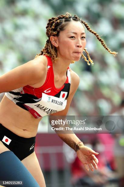 Maya Nakanishi of Team Japan reacts while competing in the Athletics Women's Long Jump - T64 Final on day 4 of the Tokyo 2020 Paralympic Games at...