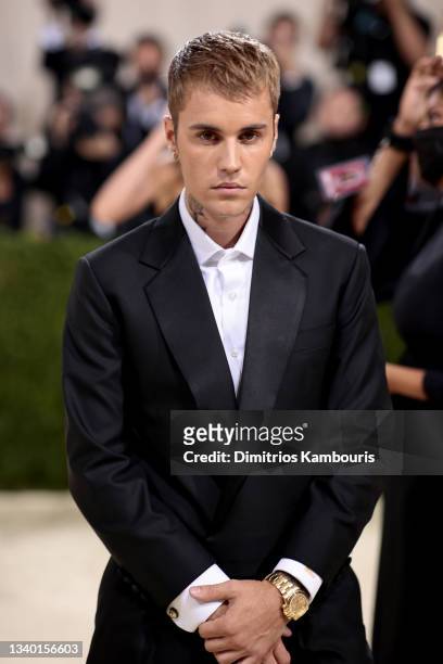 Justin Bieber attends The 2021 Met Gala Celebrating In America: A Lexicon Of Fashion at Metropolitan Museum of Art on September 13, 2021 in New York...