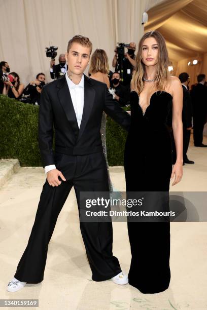 Justin Bieber and Hailey Bieber attend The 2021 Met Gala Celebrating In America: A Lexicon Of Fashion at Metropolitan Museum of Art on September 13,...