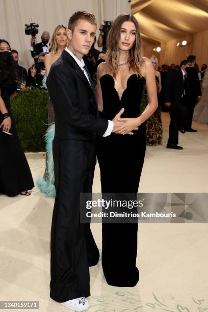 Justin Bieber and Hailey Bieber attend The 2021 Met Gala Celebrating In America: A Lexicon Of Fashion at Metropolitan Museum of Art on September 13,...