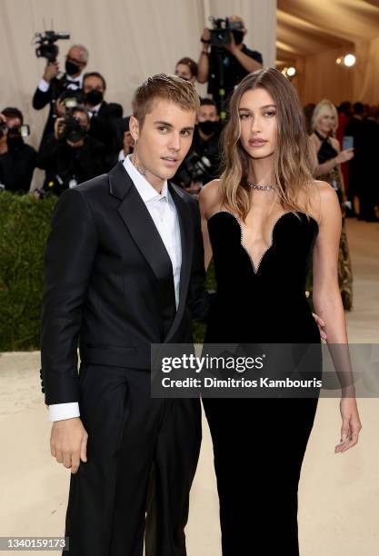 Justin Bieber and Hailey Bieber attend The 2021 Met Gala Celebrating In America: A Lexicon Of Fashion at Metropolitan Museum of Art on September 13,...