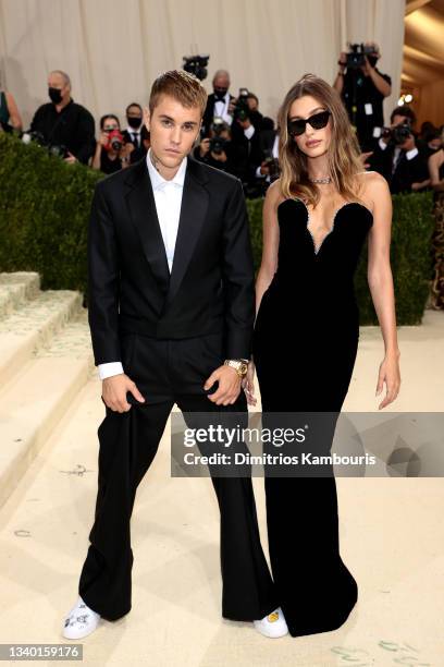 Justin Bieber and Hailey Bieber attend The 2021 Met Gala Celebrating In America: A Lexicon Of Fashion at Metropolitan Museum of Art on September 13,...