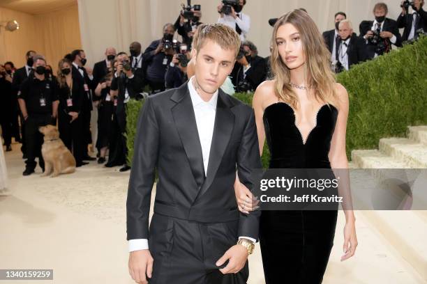 Justin Bieber and Hailey Bieber attend The 2021 Met Gala Celebrating In America: A Lexicon Of Fashion at Metropolitan Museum of Art on September 13,...