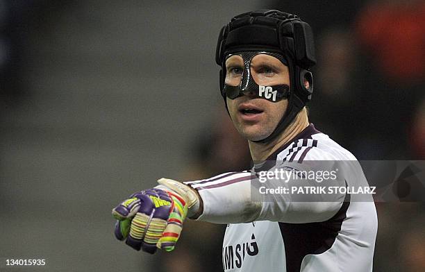 Chelsea's Czech goalkeeper Petr Cech reacts during the Champions League Group E football match Bayer 04 Leverkusen vs Chelsea FC in Leverkusen,...