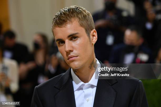 Justin Bieber attends The 2021 Met Gala Celebrating In America: A Lexicon Of Fashion at Metropolitan Museum of Art on September 13, 2021 in New York...