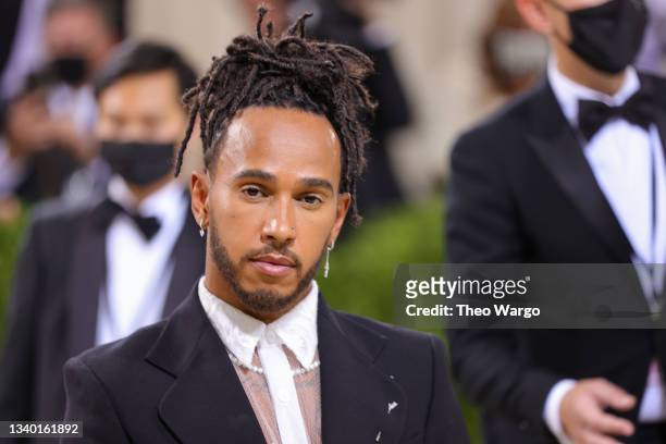 Lewis Hamilton attends The 2021 Met Gala Celebrating In America: A Lexicon Of Fashion at Metropolitan Museum of Art on September 13, 2021 in New York...
