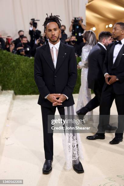 Lewis Hamilton attends The 2021 Met Gala Celebrating In America: A Lexicon Of Fashion at Metropolitan Museum of Art on September 13, 2021 in New York...