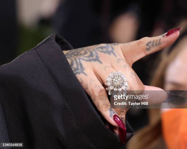 Rihanna, ring detail, tattoo detail, manicure detail, attends the 2021 Met Gala benefit "In America: A Lexicon of Fashion" at Metropolitan Museum of...